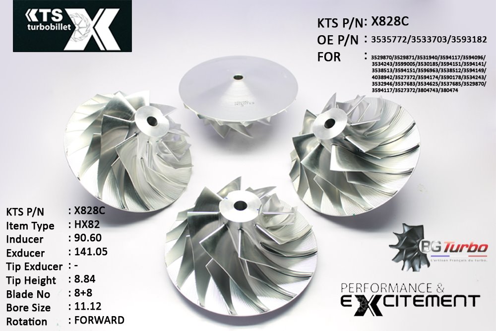 Turbo ROUE FORGÉE MFS PERFORMANCE - 8+8 PALES - INDUCER : 90,6 - EXDUCER : 141,05 - TYPE : HX82ANGLE : 45° - ROTATION : Forward - SUPER BACK : 10,05 - BORE SIZE : 11,12
